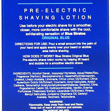 Blue Stratos Pre-Electric Shave Lotion, Original Blue for Men, Lifts Beard & Reduces Irritation, Cooling Effect, Classic Scent of Cedarwood, Vanilla, and Musk, 100ml
