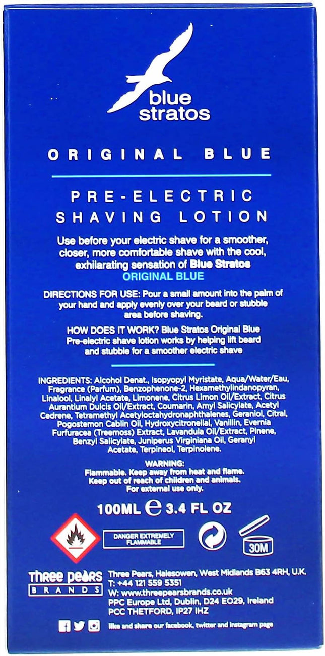 Blue Stratos Pre-Electric Shave Lotion, Original Blue for Men, Lifts Beard & Reduces Irritation, Cooling Effect, Classic Scent of Cedarwood, Vanilla, and Musk, 100ml