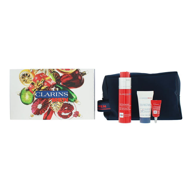 Clarins Men Gift Set Energizing Gel, Eye Gel, Active Face Wash + Pouch