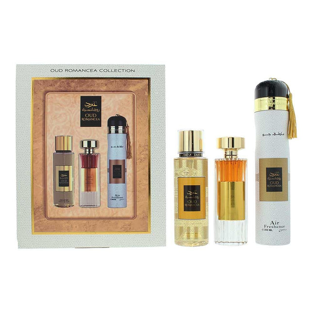 Ard Al Zaafaran Oud Romancea 3 Piece Gift Set: Eau de Parfum 100ml - Perfume Mist 250ml - Air Freshener 300ml